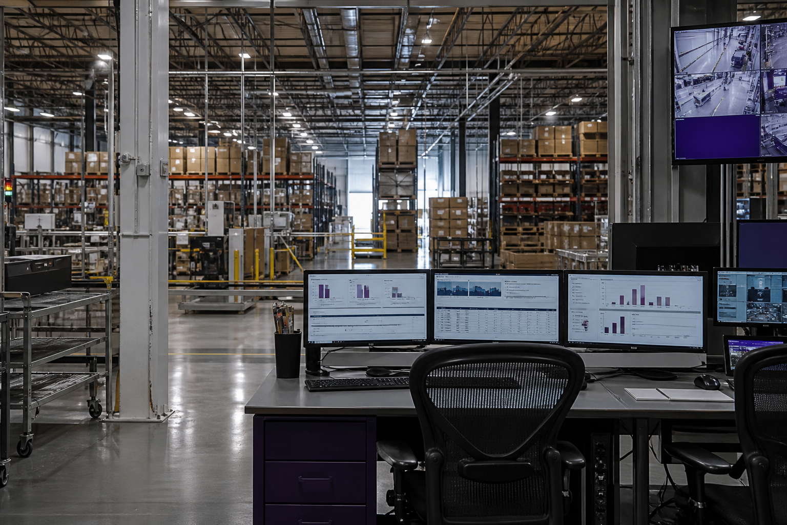 Industrial operations floor with connected monitoring screens showing a system that scales