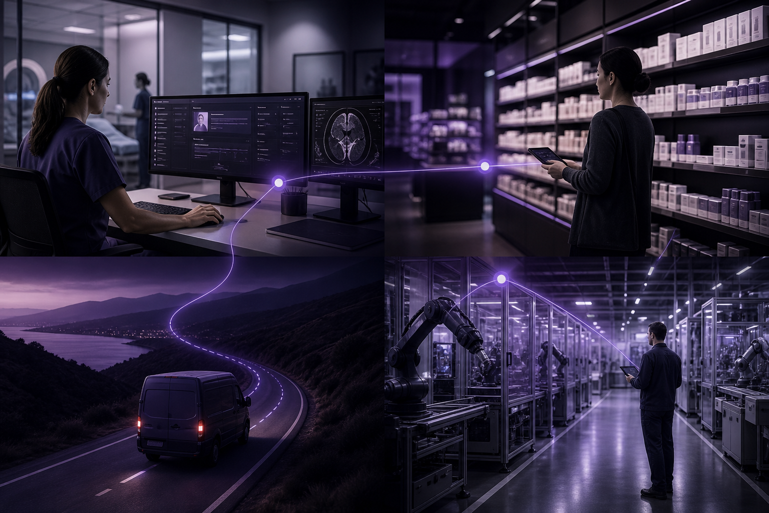 Clinic, retail, delivery, and factory operations connected by a violet network