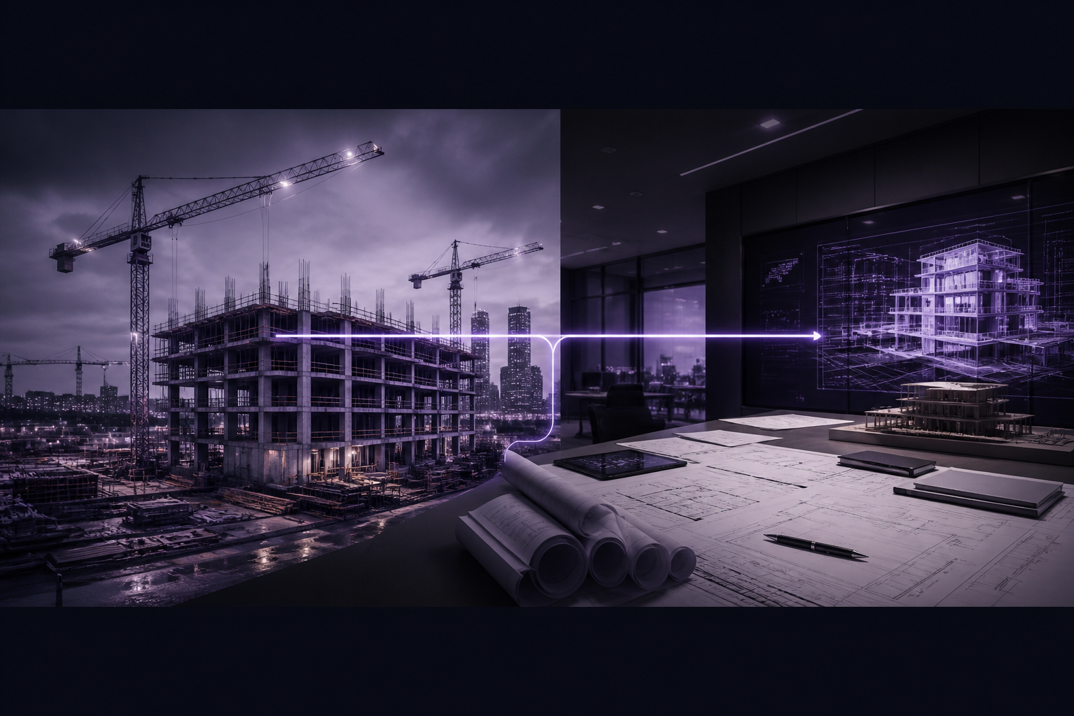 Construction site connected to an office planning room by a violet data line