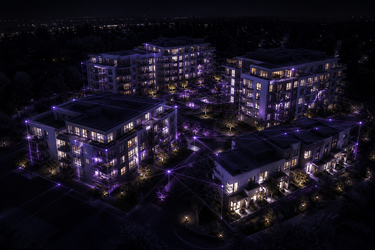 Nighttime residential development connected by a violet property data network